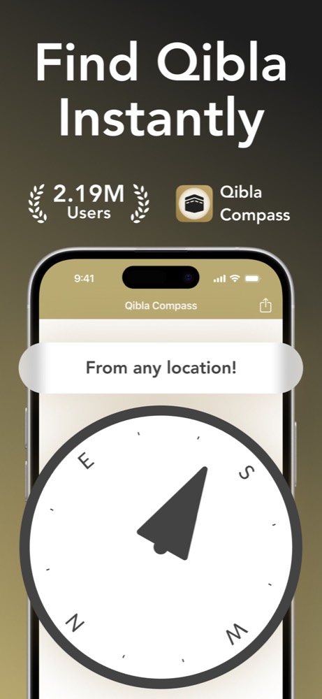 Qibla Compass direction dial displayed on an iPhone