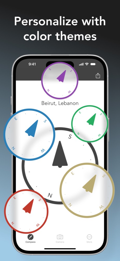 Qibla compass theme options shown around an iPhone compass dial
